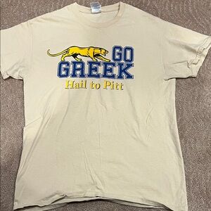 Gildan Cream Short Sleeve Tee with Blue and Yellow Print